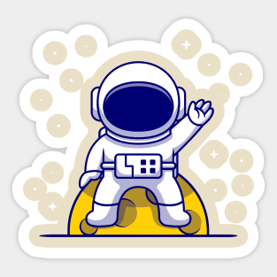 Cute Astronaut Sitting On Moon And Waving Hand Cartoon Sticker